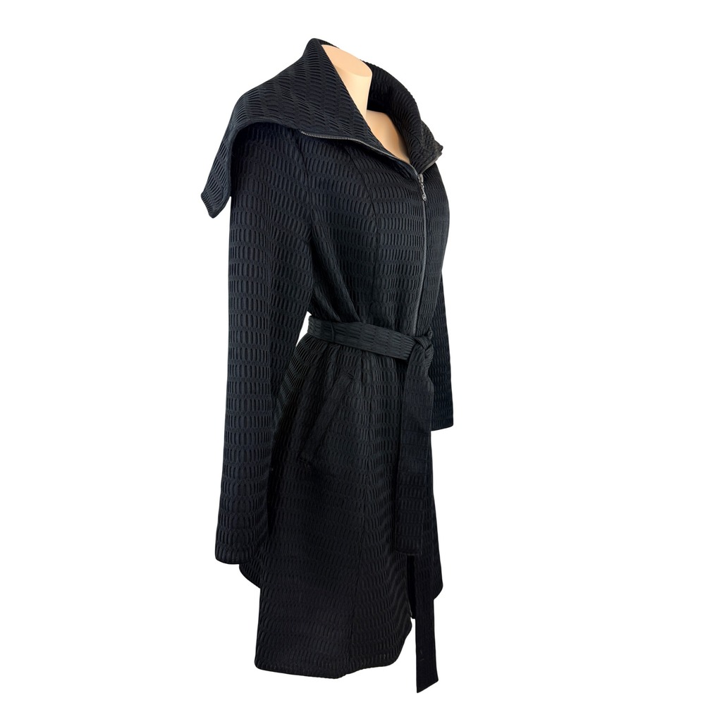 Samuel Dong Avant Garde Black Textured Zip Front Belted Trench Coat Large - Picture 3 of 10